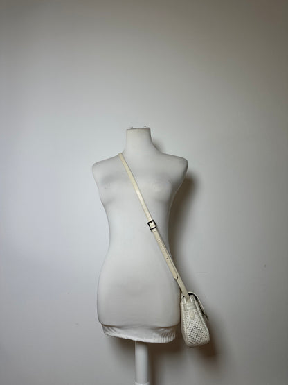 Vintage Courreges Perforated Leather Flap Crossbody Bag c. Late 1970s Cream