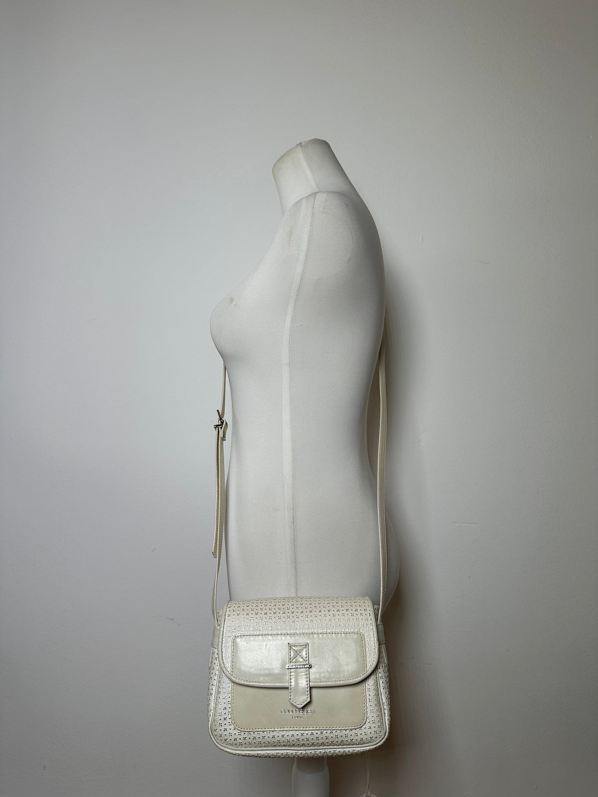 Vintage Courreges Perforated Leather Flap Crossbody Bag c. Late 1970s Cream