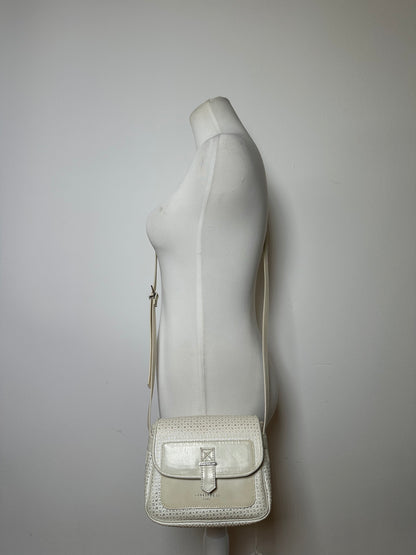 Vintage Courreges Perforated Leather Flap Crossbody Bag c. Late 1970s Cream