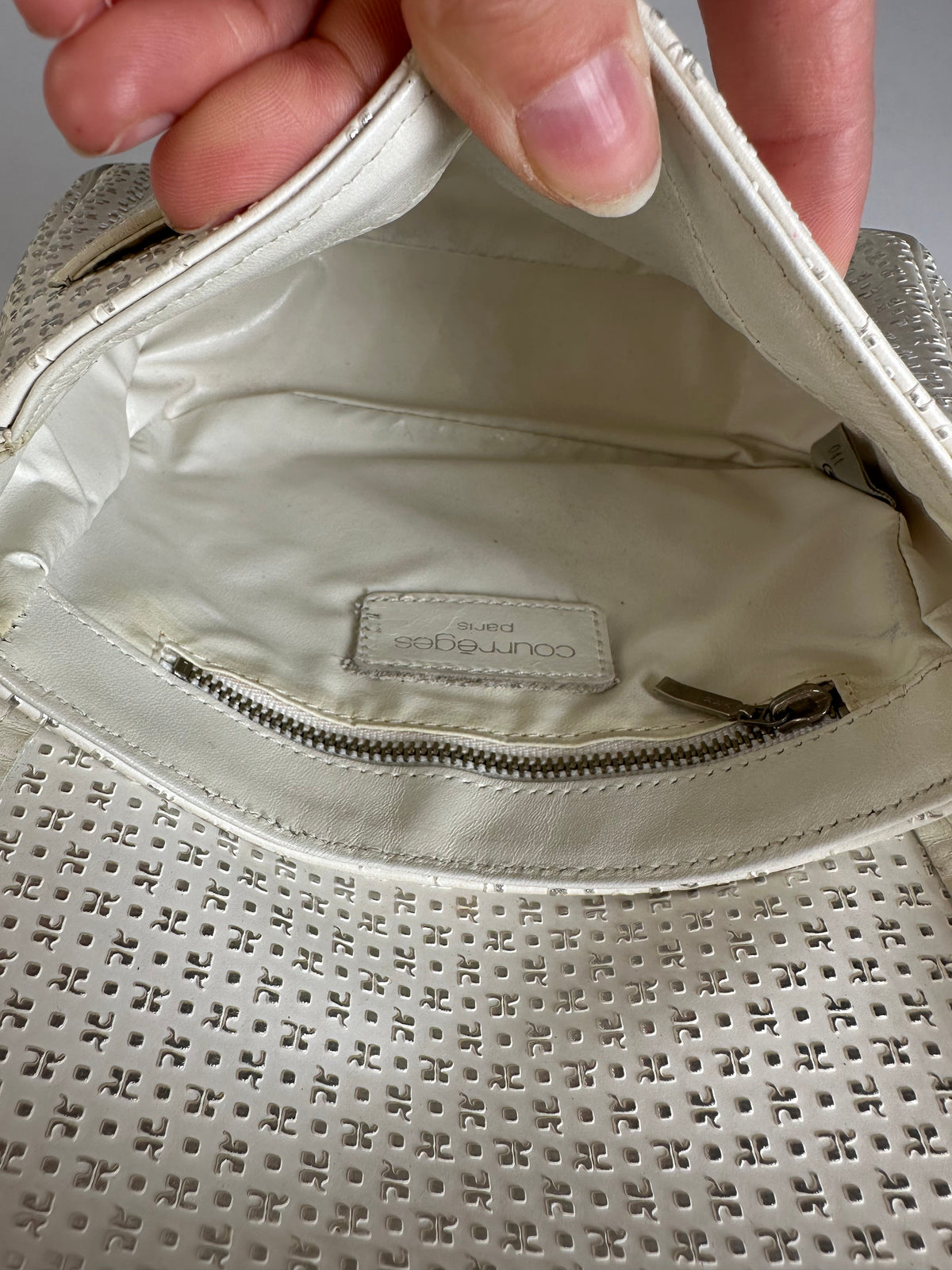 Vintage Courreges Perforated Leather Flap Crossbody Bag c. Late 1970s Cream
