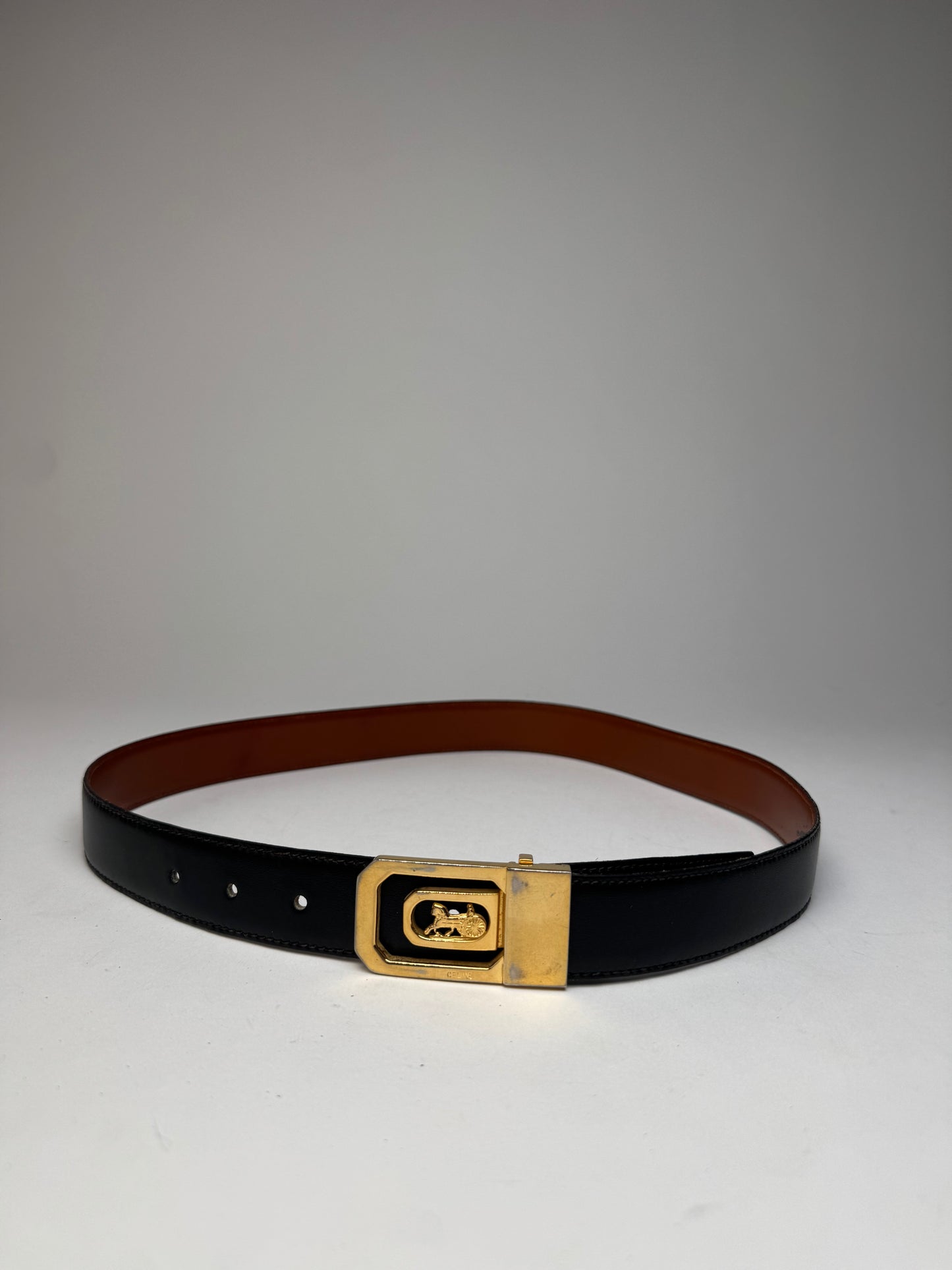 Vintage Celine Paris Carriage Logo Leather Belt black Brown