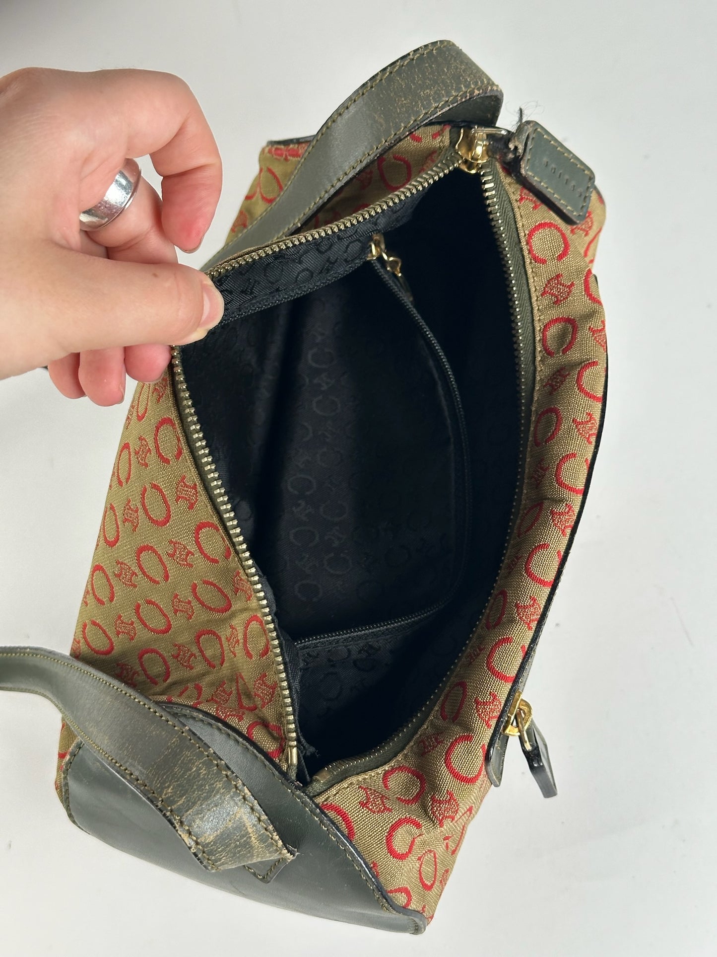 Sac Macadam vintage Céline Paris kaki rouge