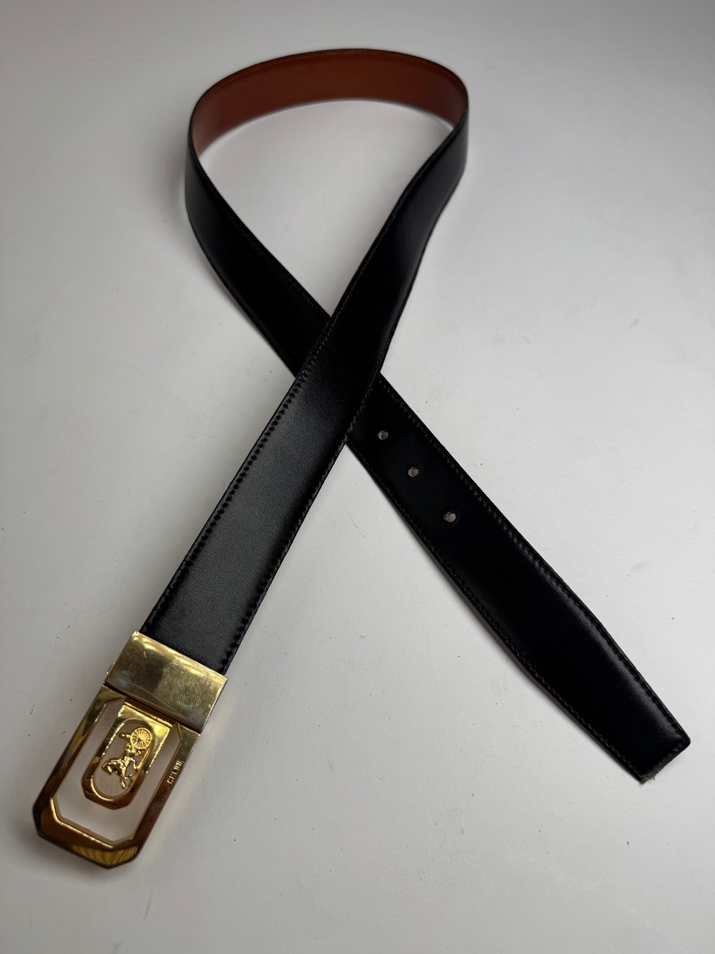 Vintage Celine Paris Carriage Logo Leather Belt black Brown