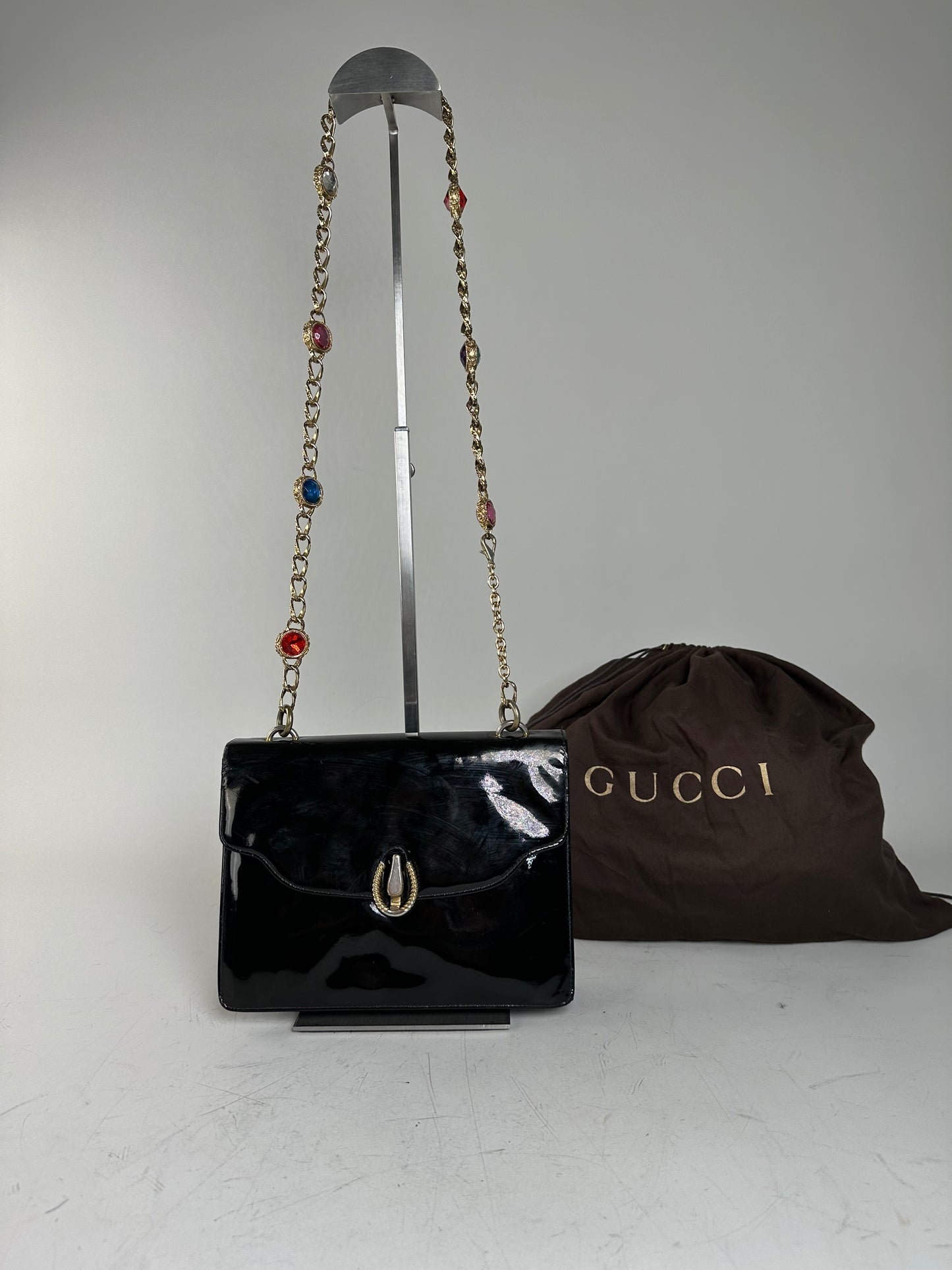 Vintage Gucci Patent Leather Shoulder Bag Black Gold