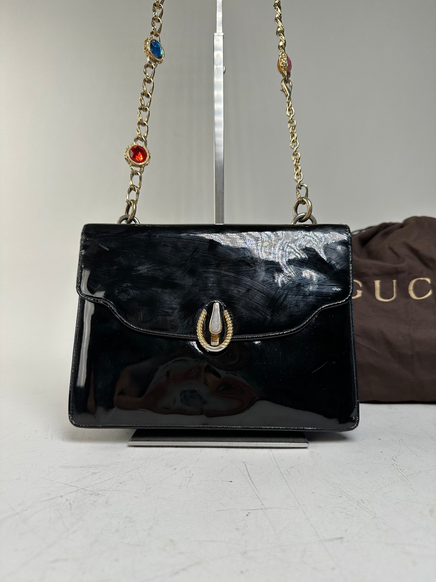 Vintage Gucci Patent Leather Shoulder Bag Black Gold