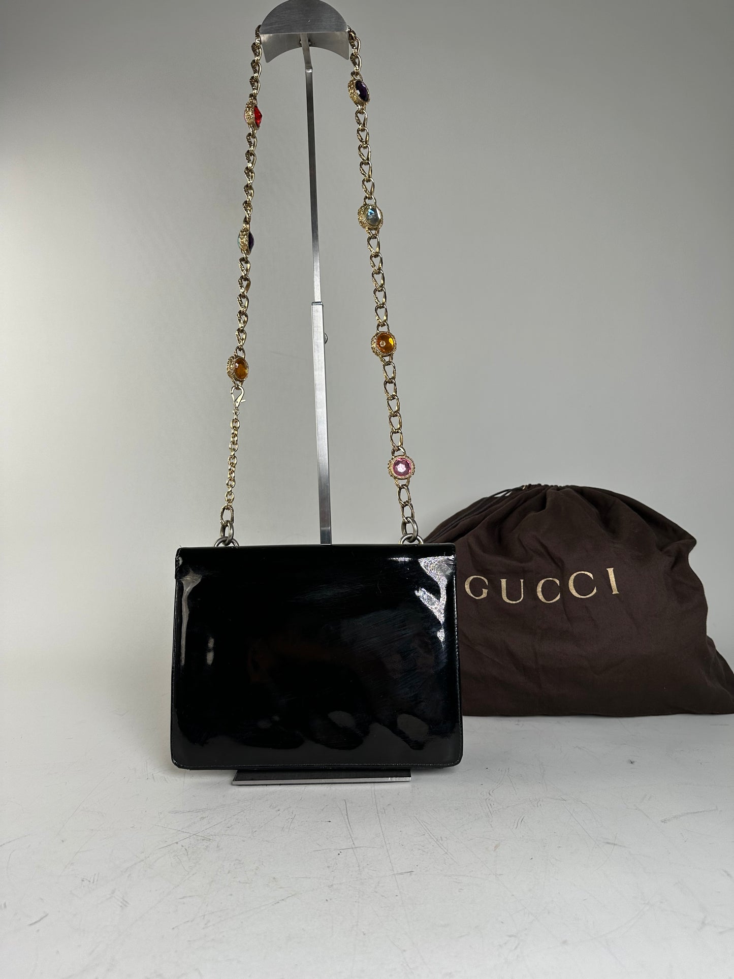 Vintage Gucci Patent Leather Shoulder Bag Black Gold