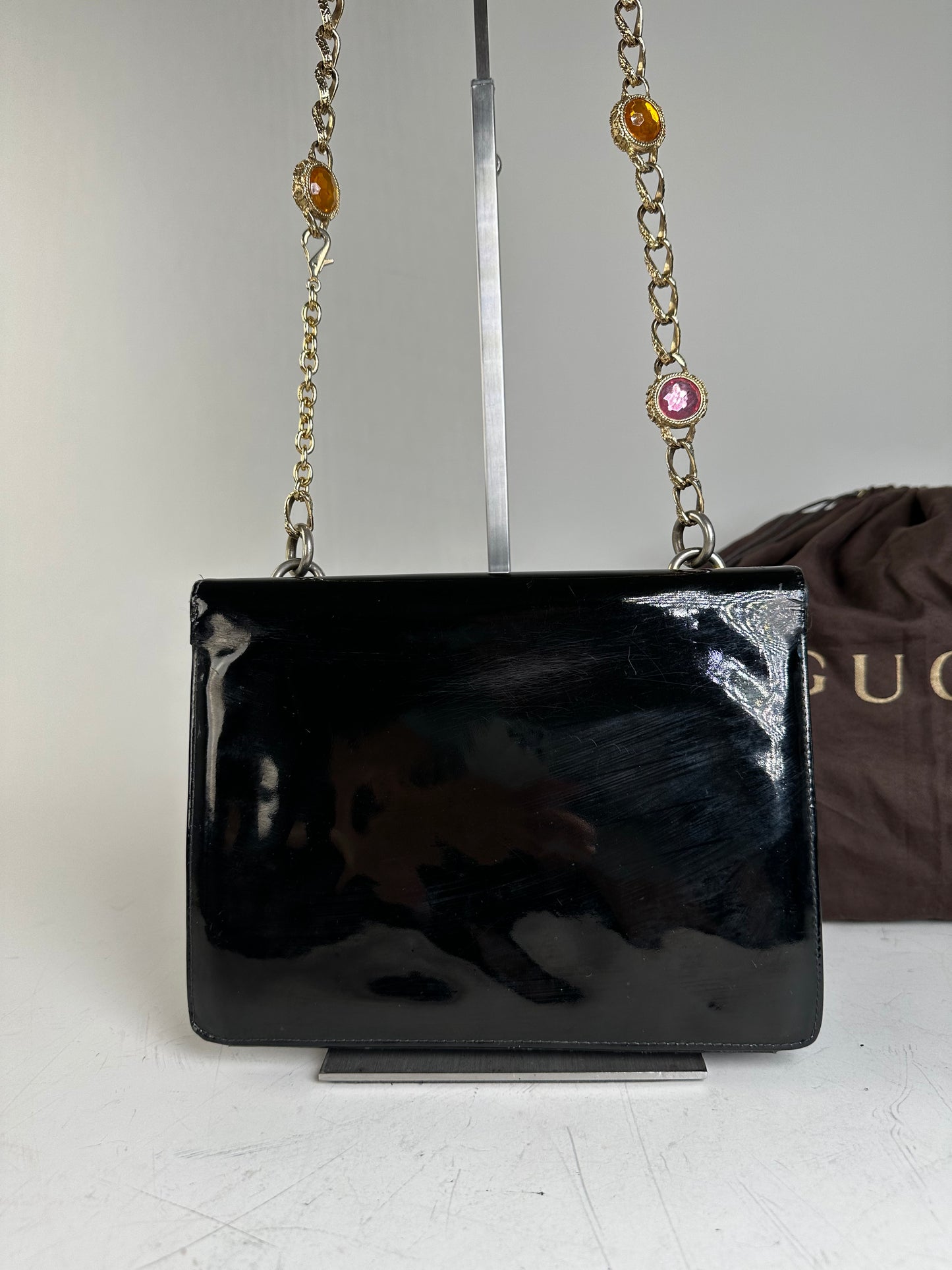 Vintage Gucci Patent Leather Shoulder Bag Black Gold