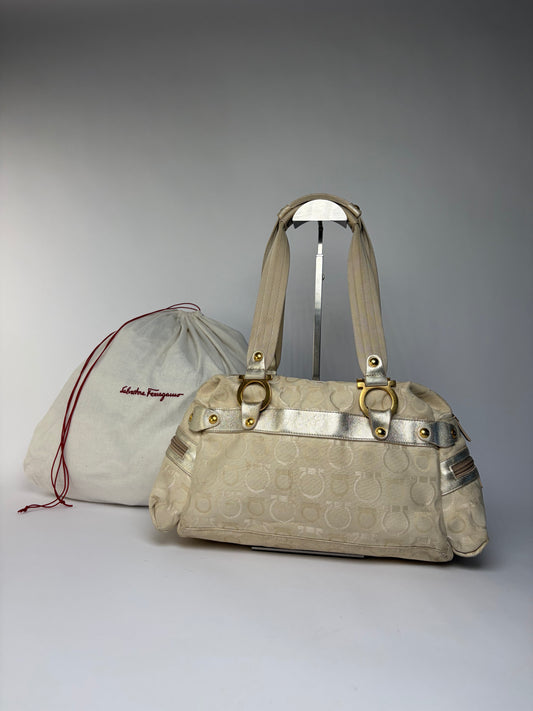 Vintage Salvatore Ferragamo Gancini Jacquard Flap Bag Cream Gold c. Mid-2000s
