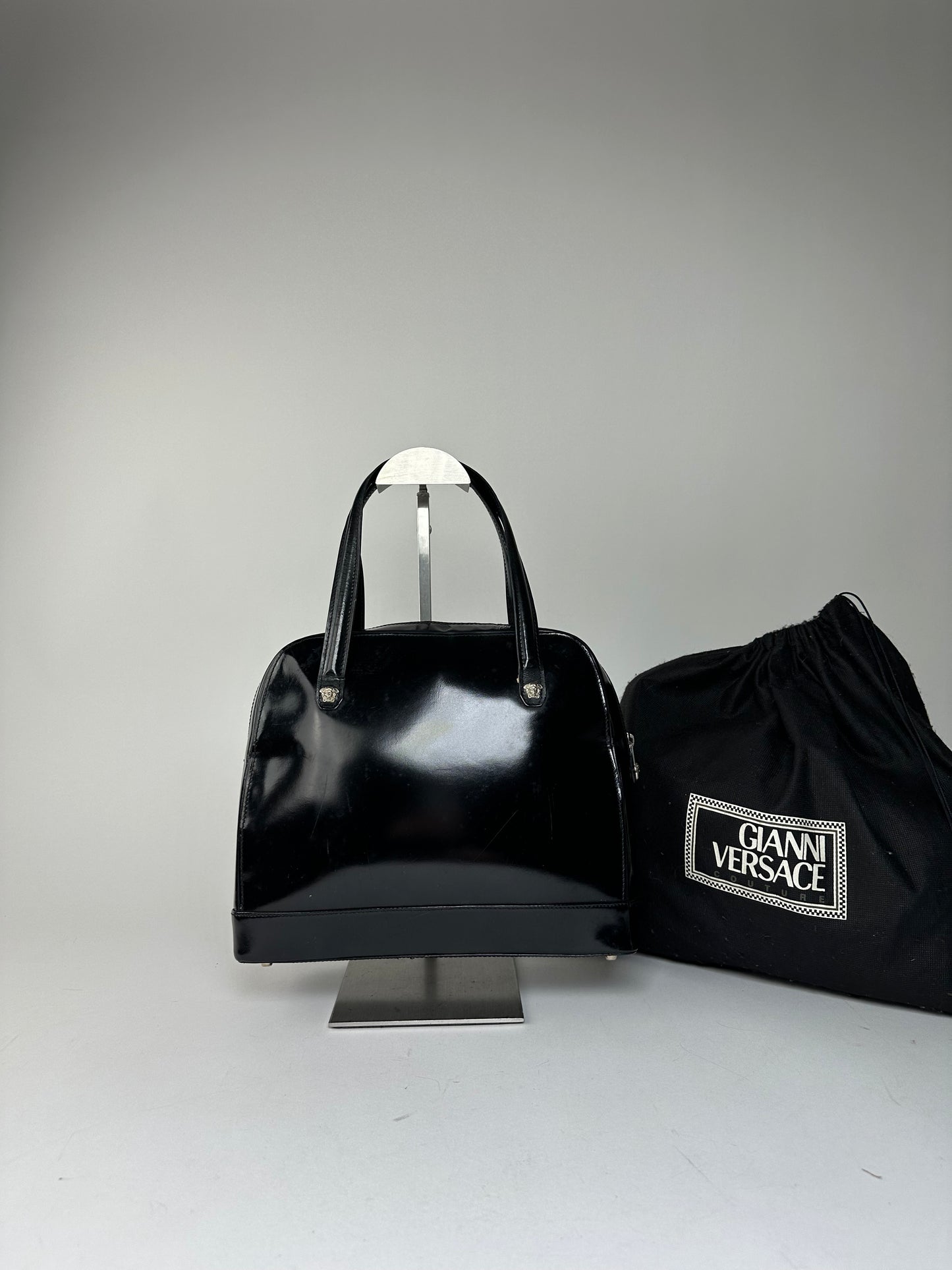 Gianni Versace Black Patent Leather Handbag with Silver-Tone Medusa Detail