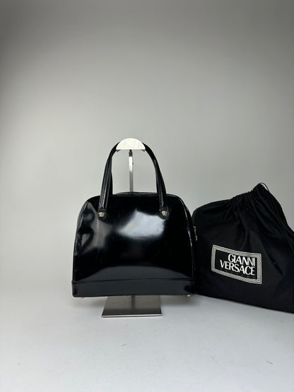 Gianni Versace Black Patent Leather Handbag with Silver-Tone Medusa Detail