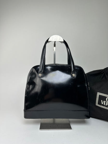 Gianni Versace Black Patent Leather Handbag with Silver-Tone Medusa Detail