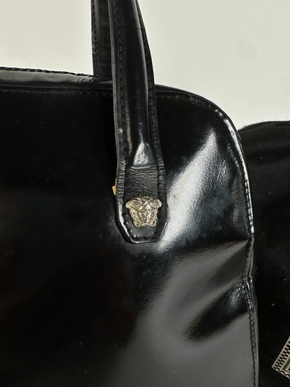Gianni Versace Black Patent Leather Handbag with Silver-Tone Medusa Detail