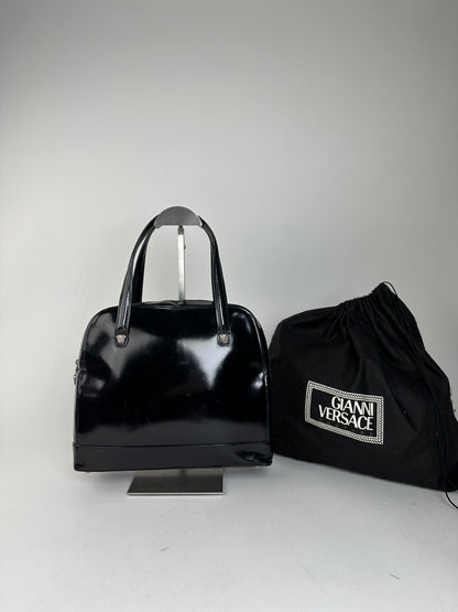 Gianni Versace Black Patent Leather Handbag with Silver-Tone Medusa Detail