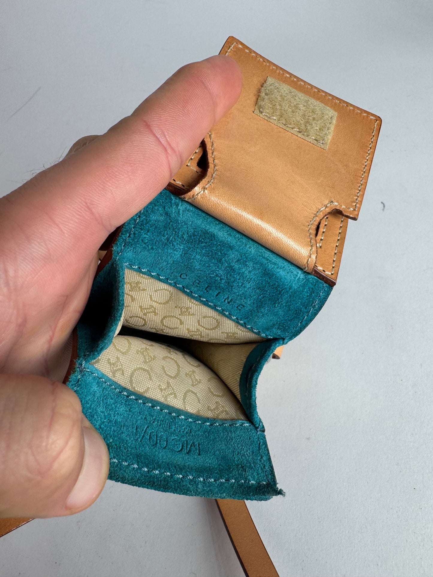 Vintage Celine Velour Leather Crossbody Bag Blue Brown