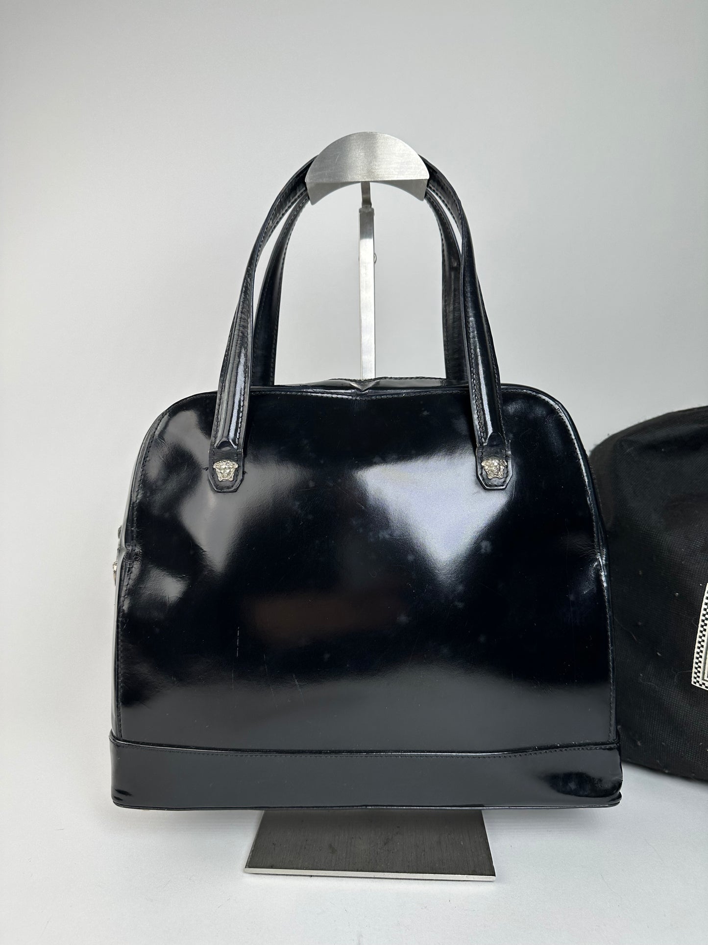 Gianni Versace Black Patent Leather Handbag with Silver-Tone Medusa Detail