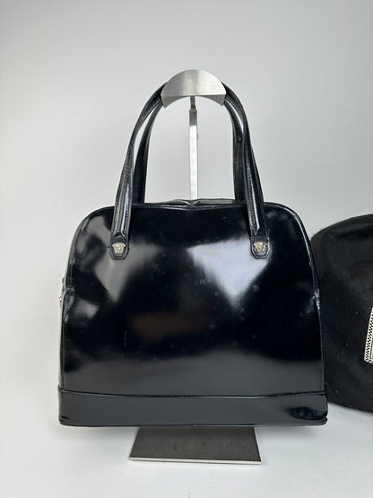 Gianni Versace Black Patent Leather Handbag with Silver-Tone Medusa Detail
