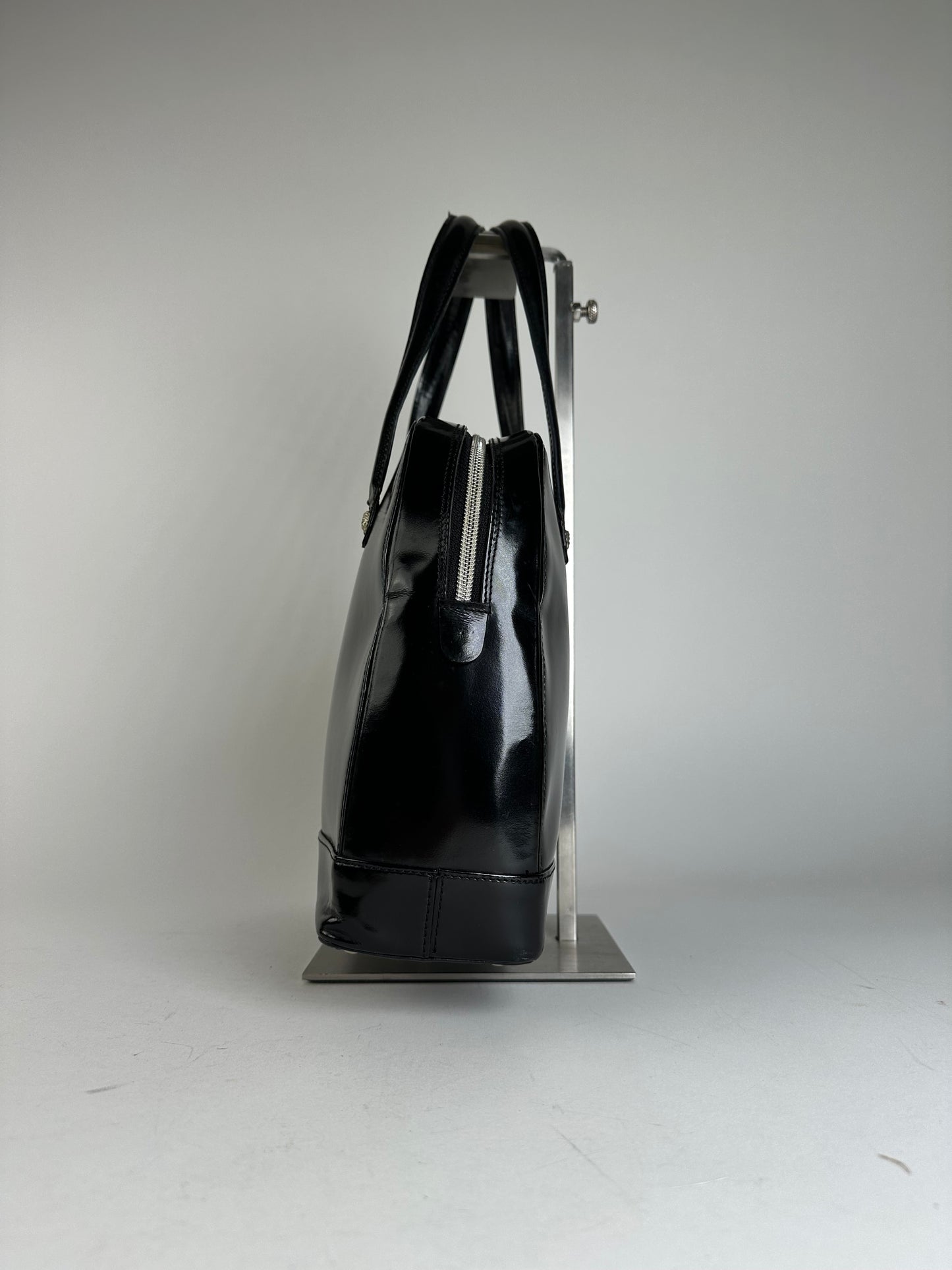 Gianni Versace Black Patent Leather Handbag with Silver-Tone Medusa Detail