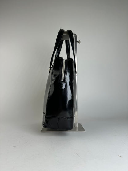 Gianni Versace Black Patent Leather Handbag with Silver-Tone Medusa Detail