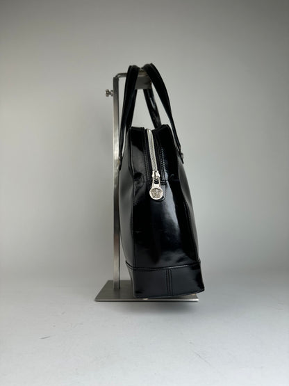 Gianni Versace Black Patent Leather Handbag with Silver-Tone Medusa Detail