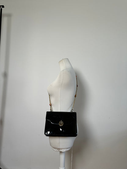 Vintage Gucci Patent Leather Shoulder Bag Black Gold