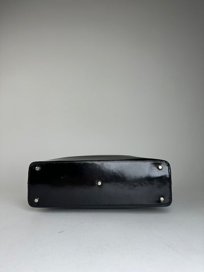 Gianni Versace Black Patent Leather Handbag with Silver-Tone Medusa Detail