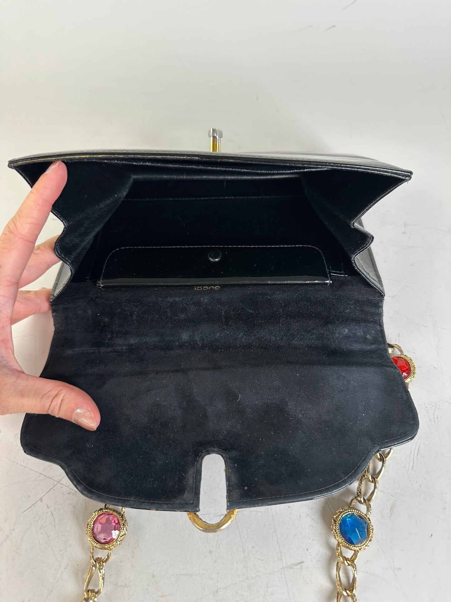 Vintage Gucci Patent Leather Shoulder Bag Black Gold