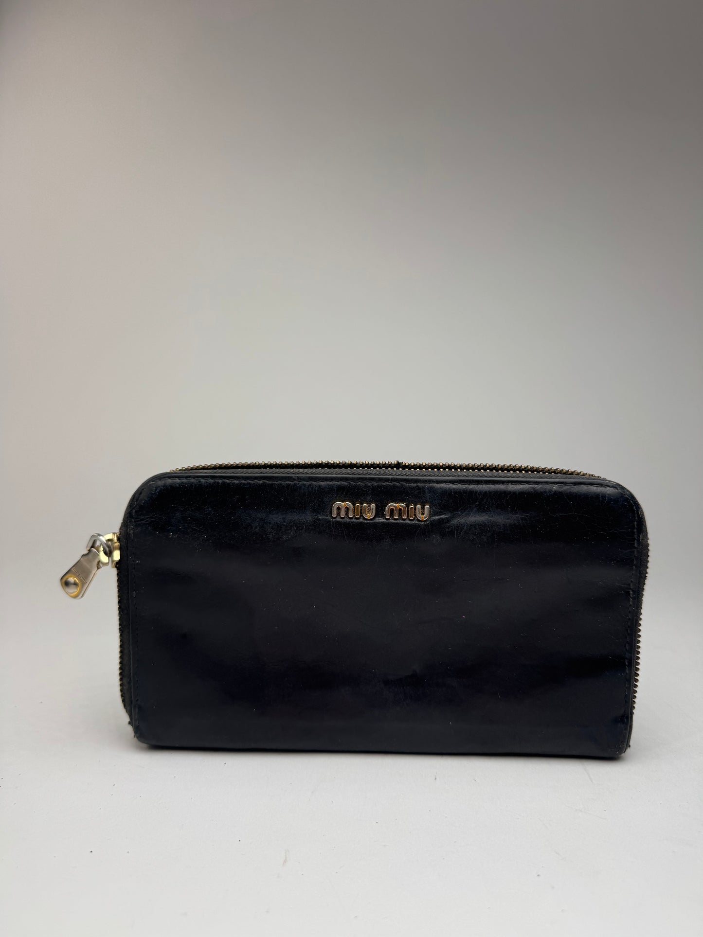 Vintage Miu Miu Patent Leather Wallet studded black zippy defect