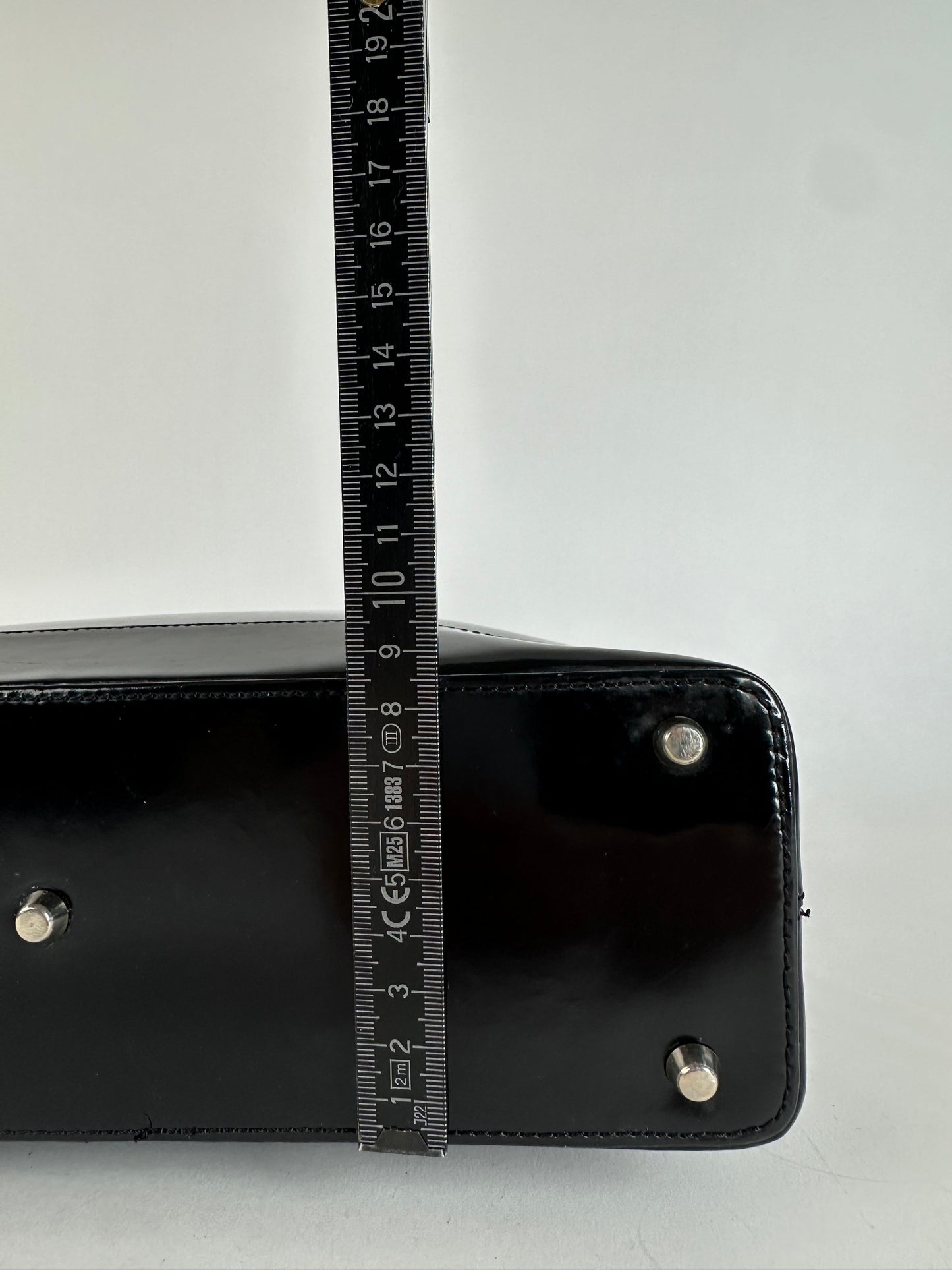 Gianni Versace Black Patent Leather Handbag with Silver-Tone Medusa Detail