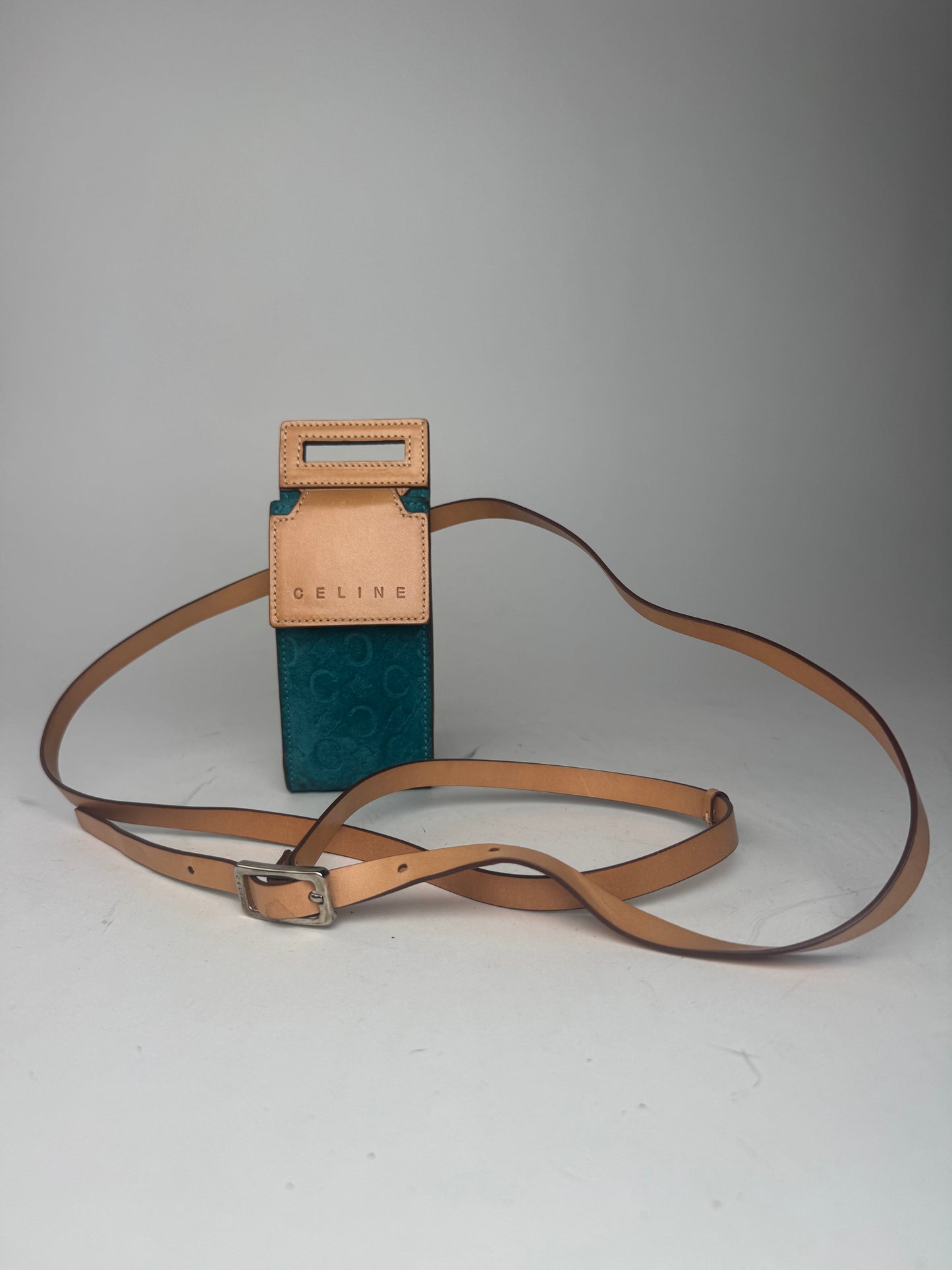 Vintage Celine Velour Leather Crossbody Bag Blue Brown