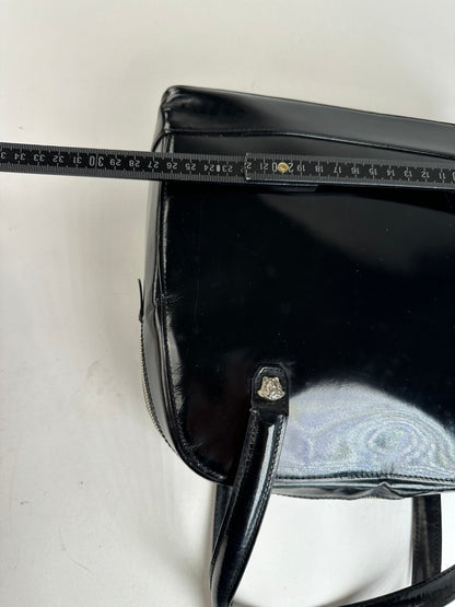 Gianni Versace Black Patent Leather Handbag with Silver-Tone Medusa Detail