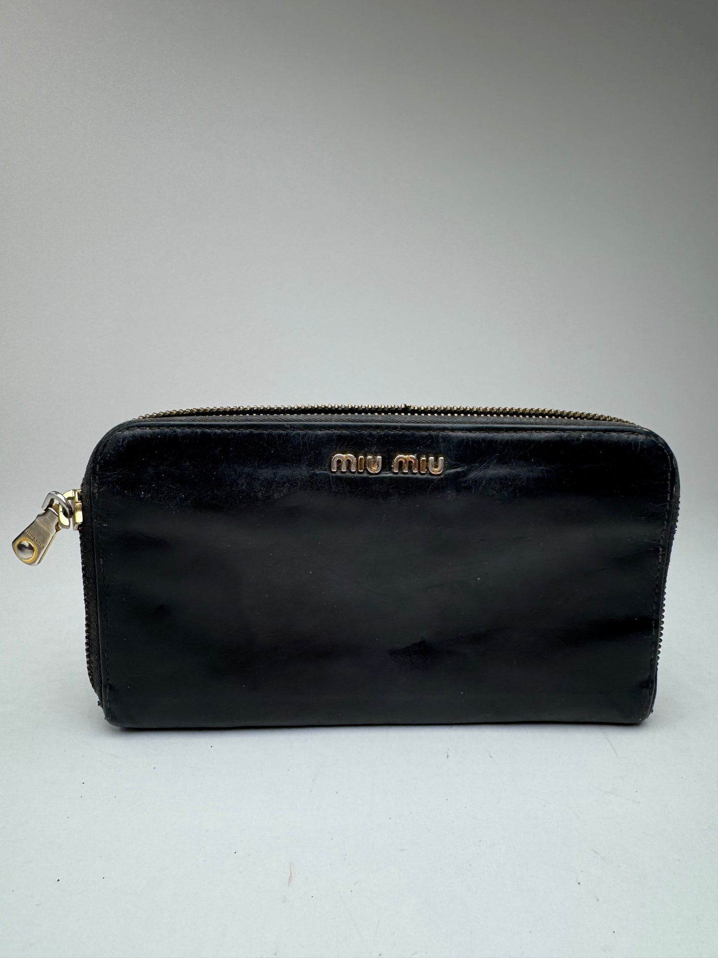 Vintage Miu Miu Patent Leather Wallet studded black zippy defect