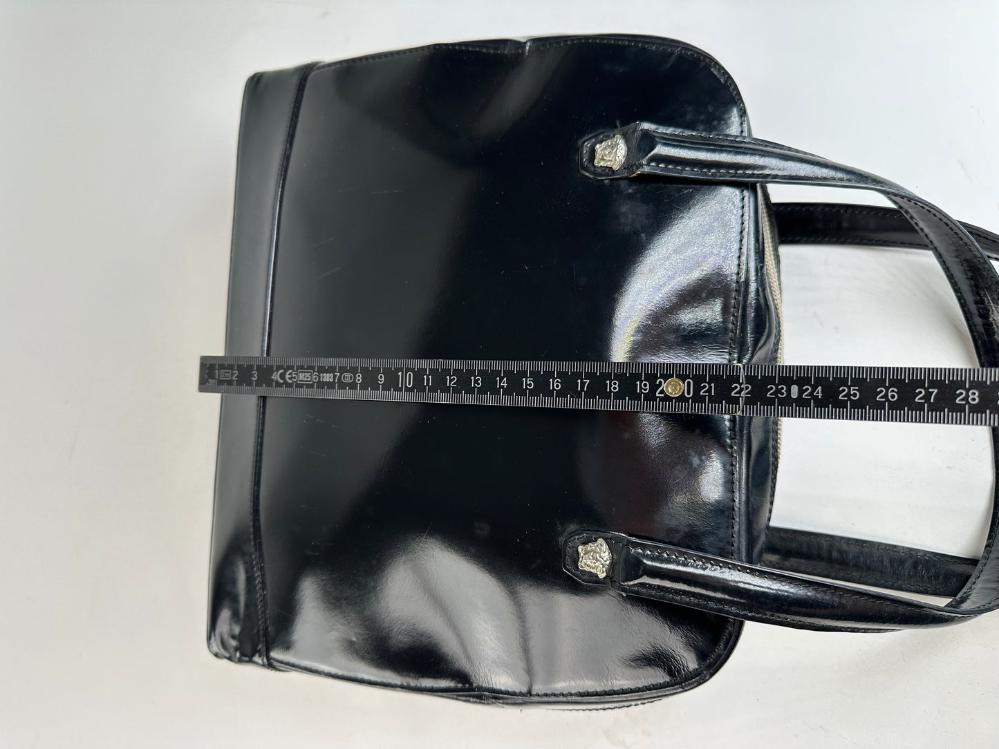 Gianni Versace Black Patent Leather Handbag with Silver-Tone Medusa Detail