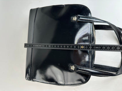 Gianni Versace Black Patent Leather Handbag with Silver-Tone Medusa Detail