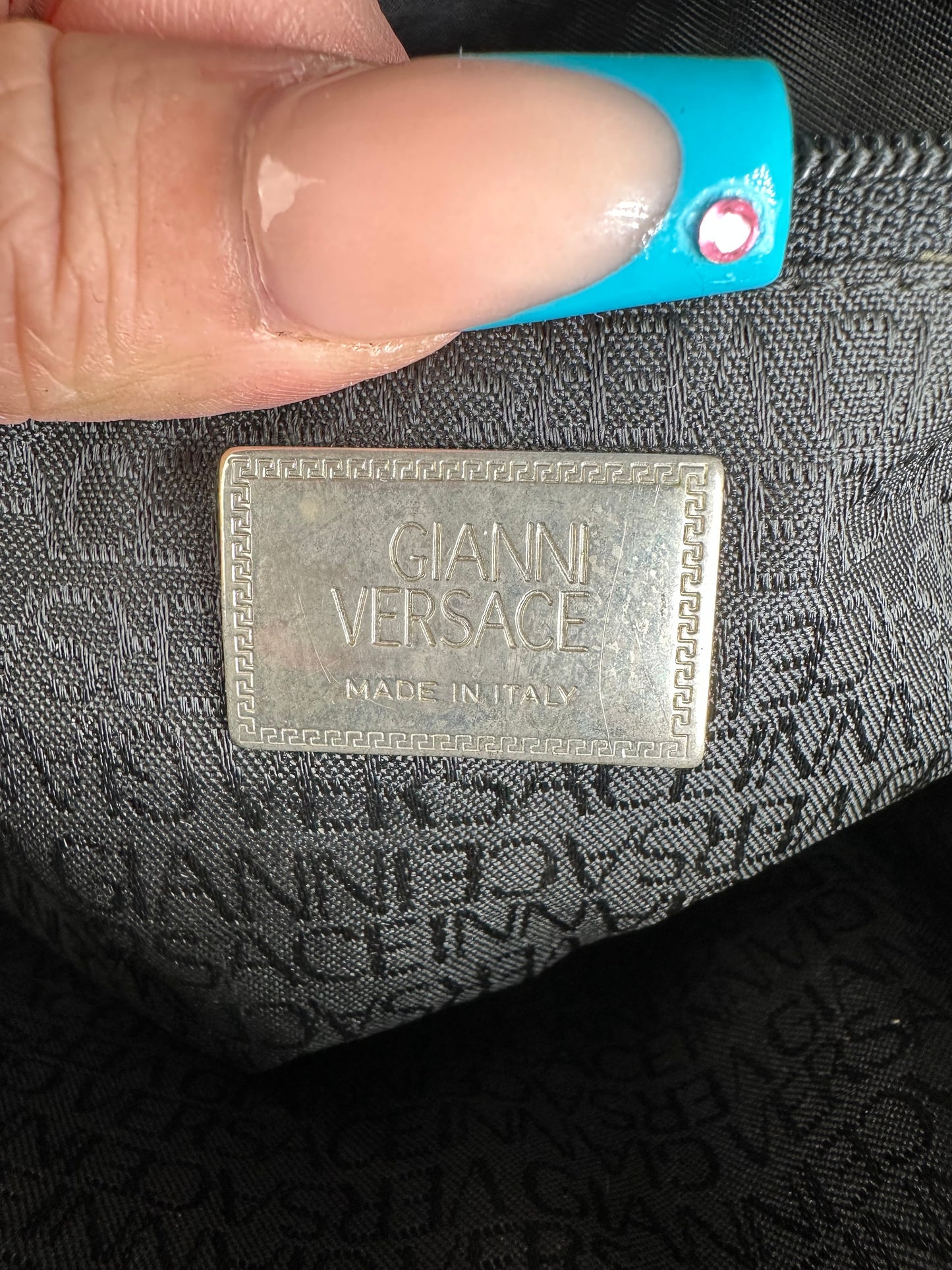 Gianni Versace Black Patent Leather Handbag with Silver-Tone Medusa Detail