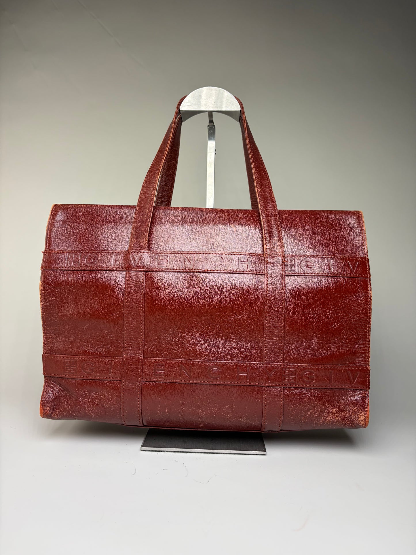 Vintage Givenchy Embossed Leather Structured Bag Burgundy Gold