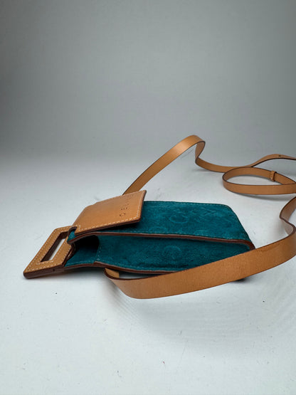 Vintage Celine Velour Leather Crossbody Bag Blue Brown