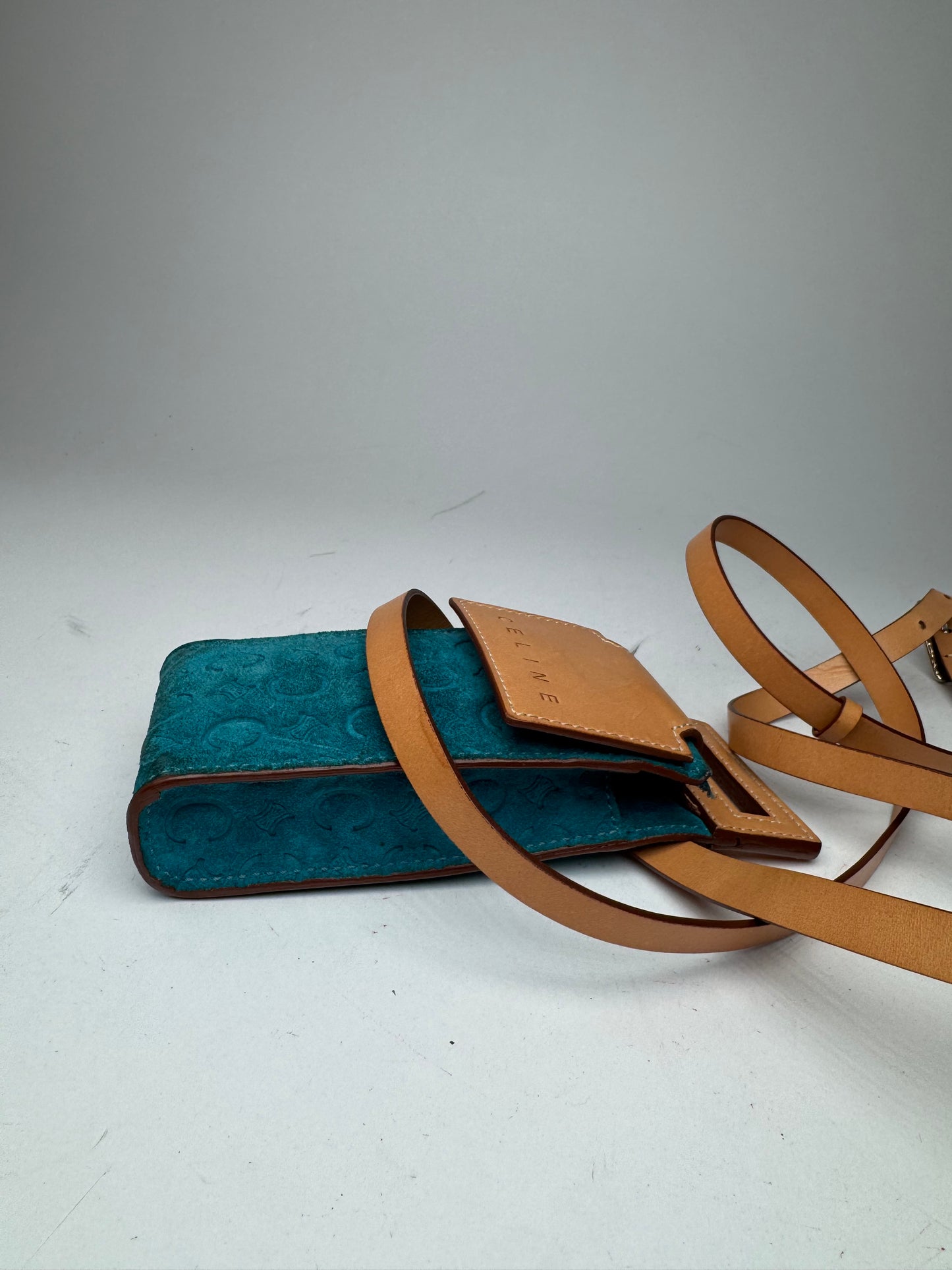 Vintage Celine Velour Leather Crossbody Bag Blue Brown
