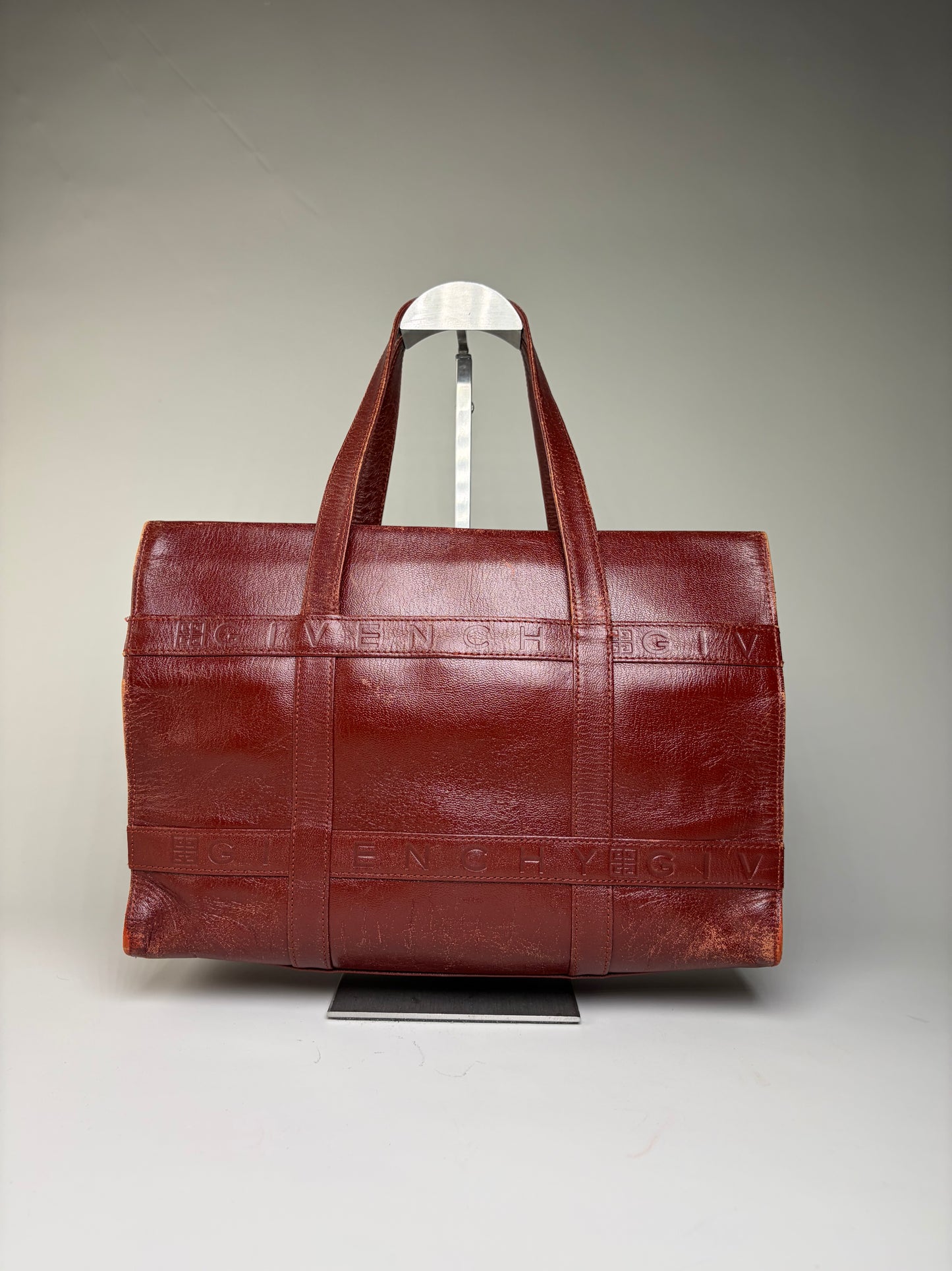 Vintage Givenchy Embossed Leather Structured Bag Burgundy Gold