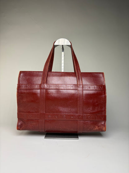 Vintage Givenchy Embossed Leather Structured Bag Burgundy Gold