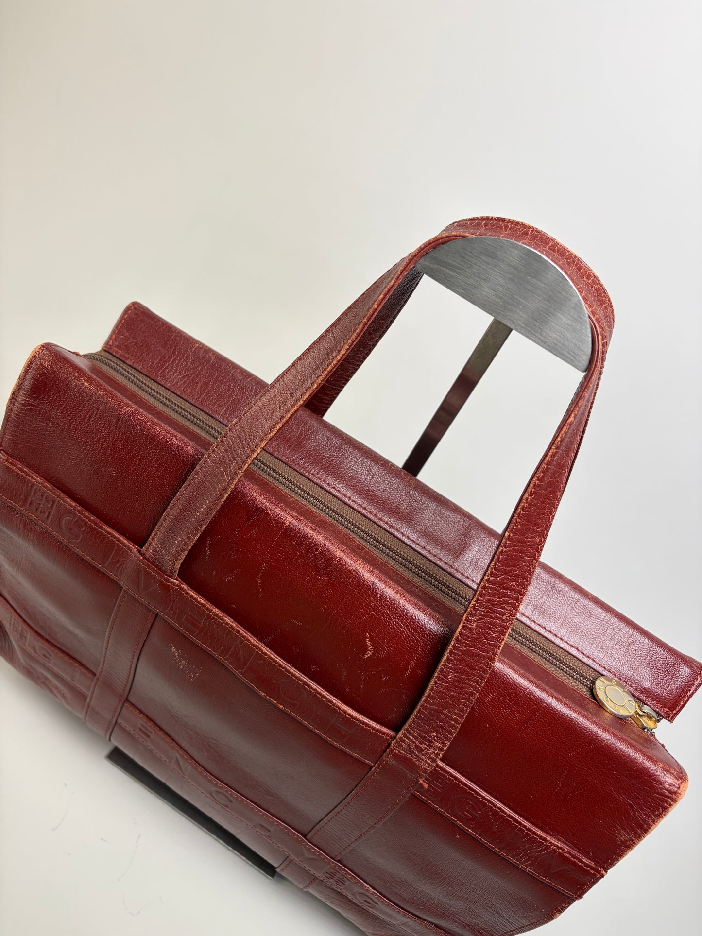 Vintage Givenchy Embossed Leather Structured Bag Burgundy Gold