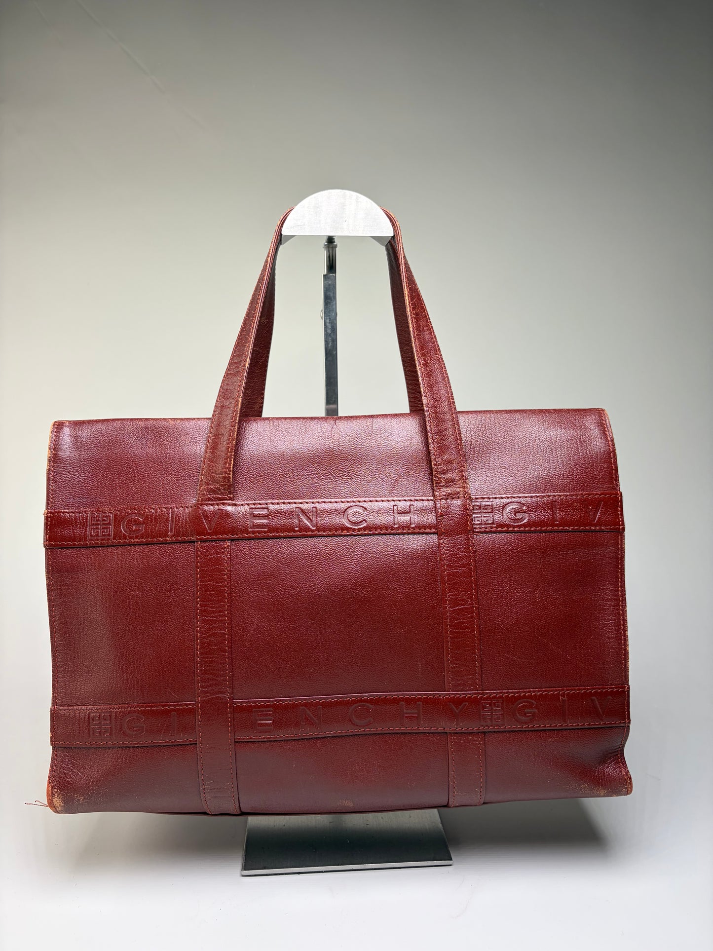 Vintage Givenchy Embossed Leather Structured Bag Burgundy Gold