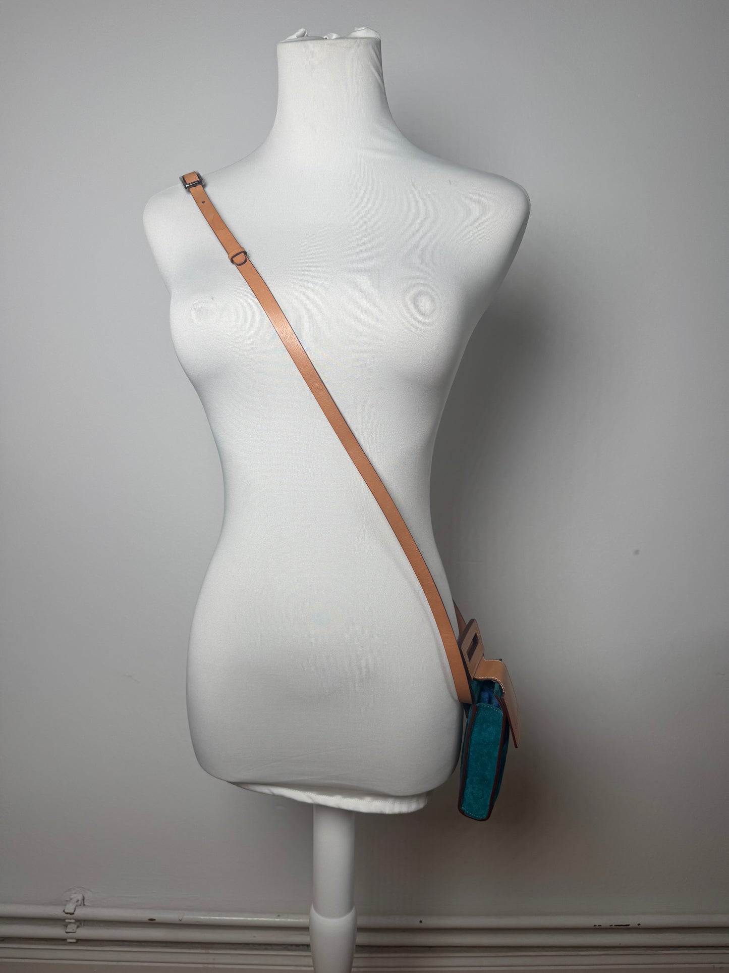 Vintage Celine Velour Leather Crossbody Bag Blue Brown