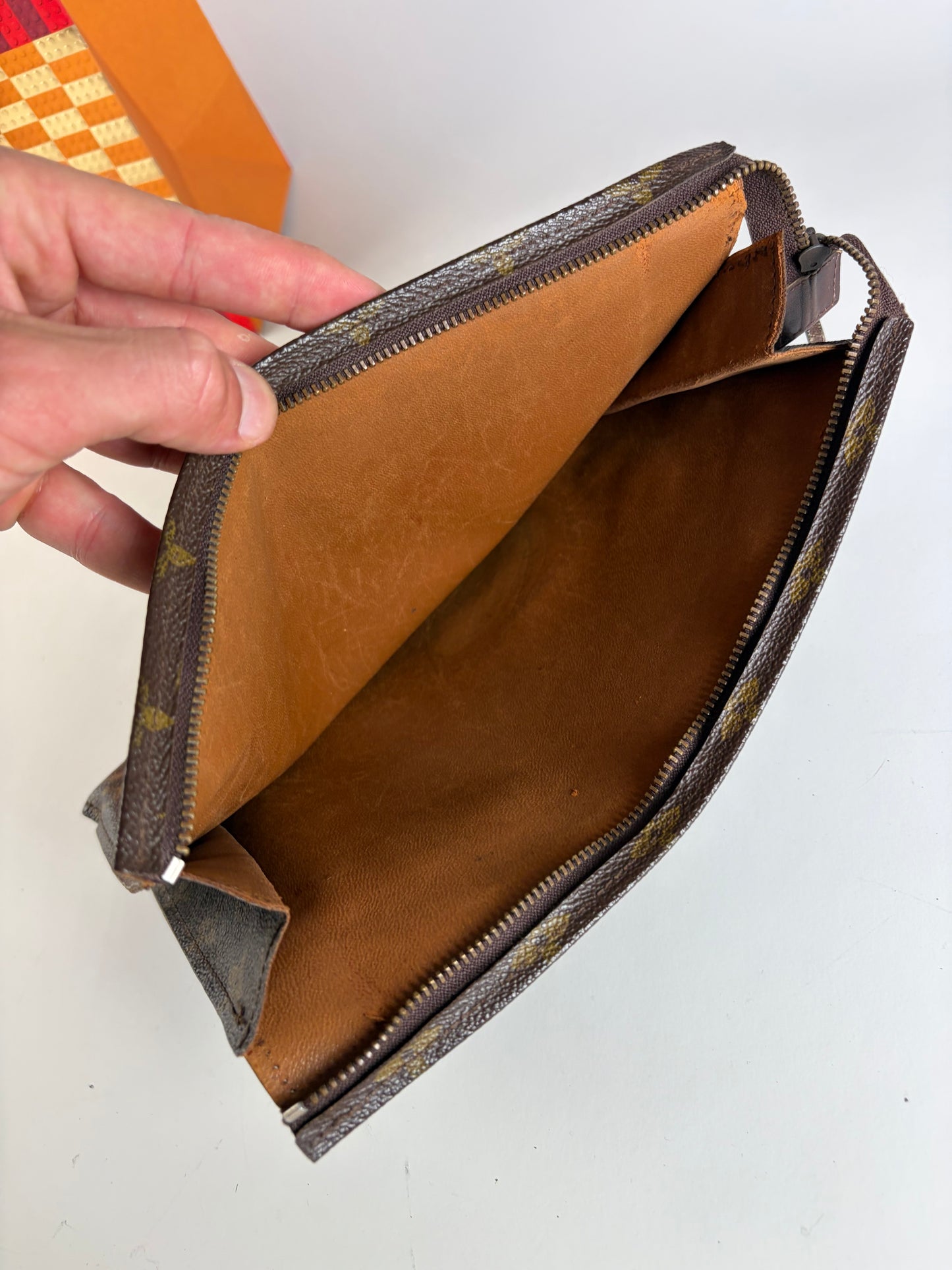Vintage Louis Vuitton Monogram Canvas Clutch Brown Gold
