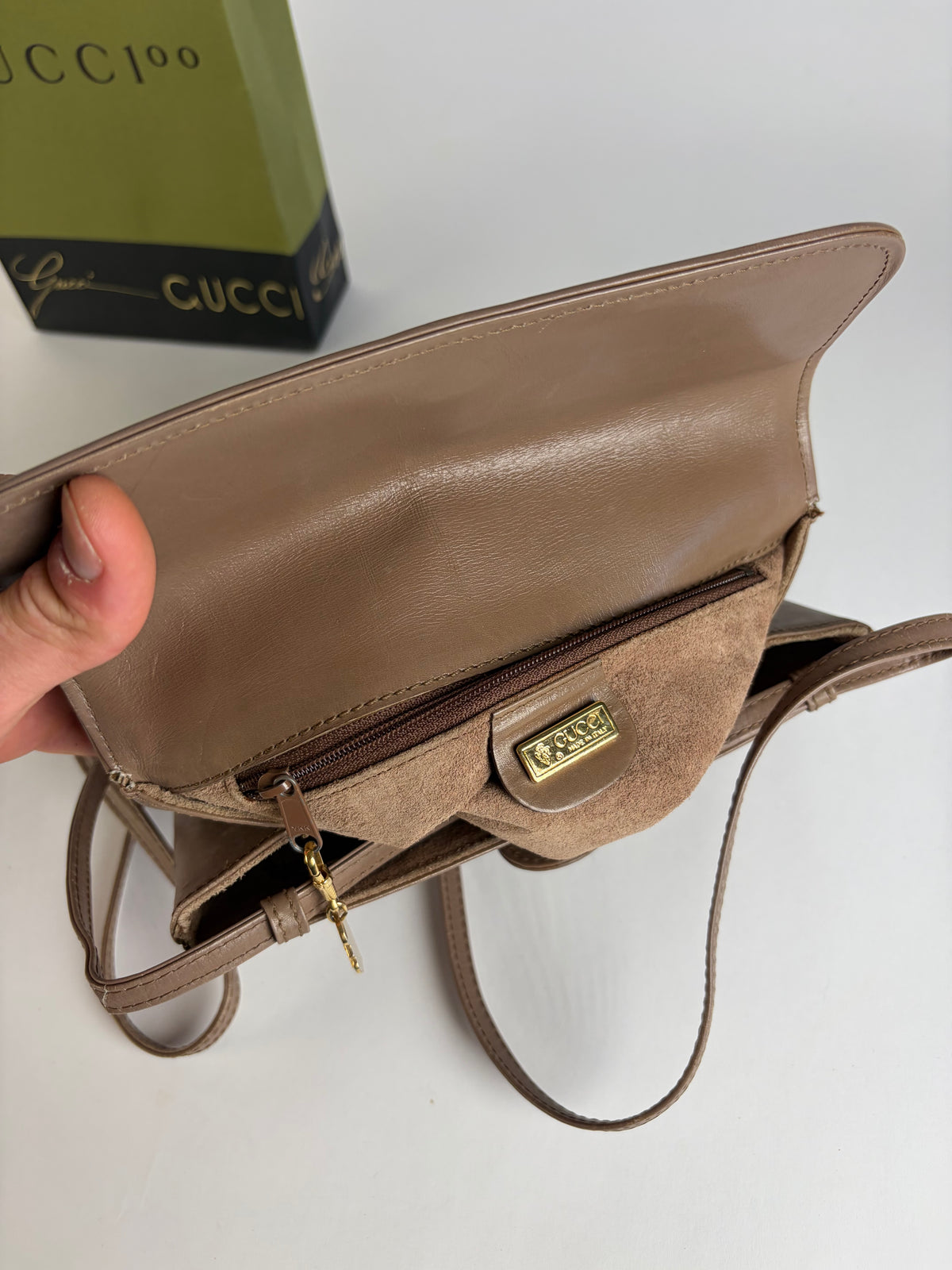 Vintage Gucci Flap Crossbody Bag Late 1980s Taupe Gold