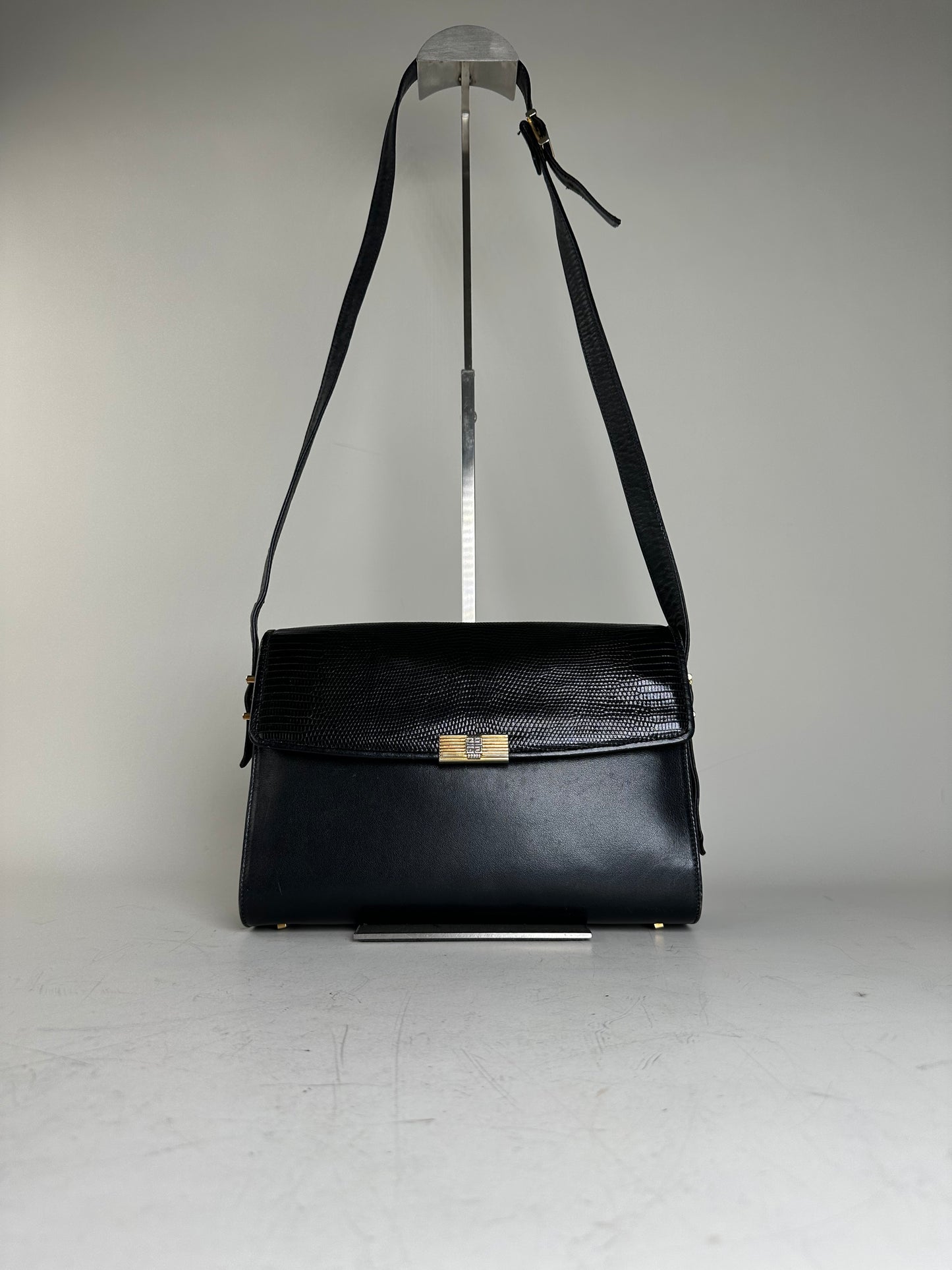 Vintage Givenchy Embossed Leather Shoulder Bag Black Gold