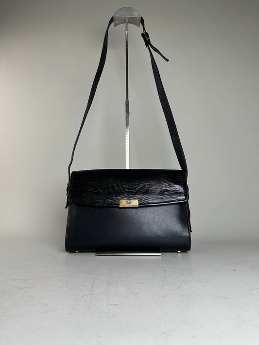 Vintage Givenchy Embossed Leather Shoulder Bag Black Gold