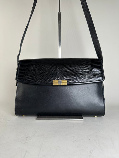 Vintage Givenchy Embossed Leather Shoulder Bag Black Gold