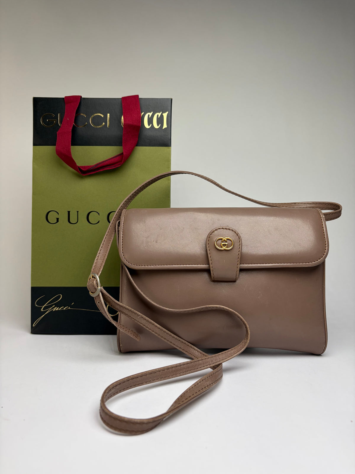 Vintage Gucci Flap Crossbody Bag Late 1980s Taupe Gold