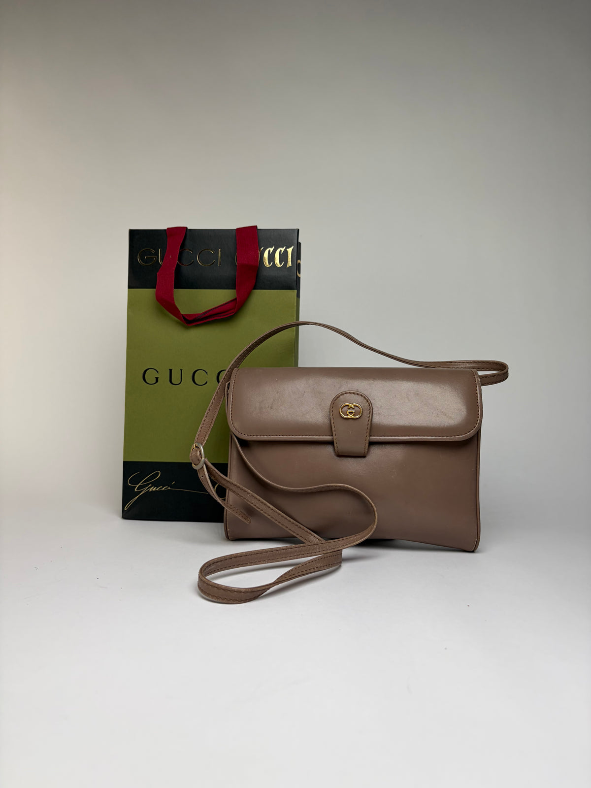 Vintage Gucci Flap Crossbody Bag Late 1980s Taupe Gold