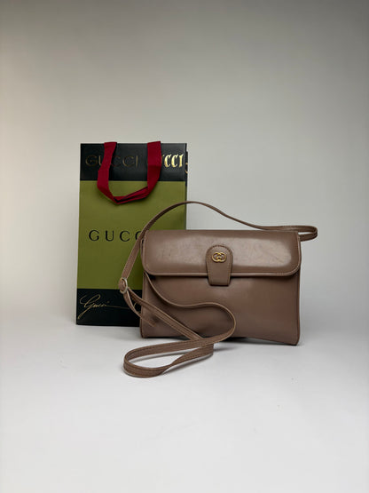 Vintage Gucci Flap Crossbody Bag Late 1980s Taupe Gold